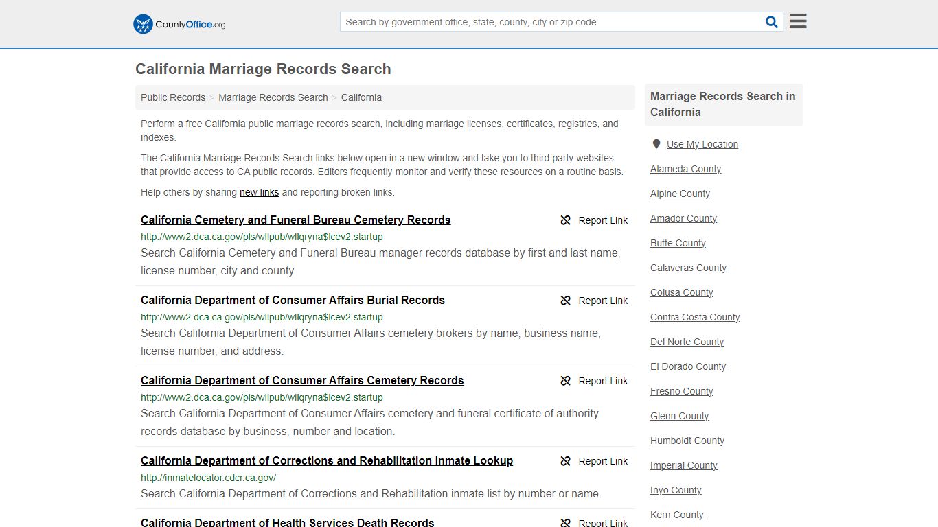 California Marriage Records Search - County Office